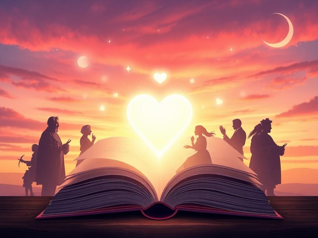 An open book with glowing heart-shaped lights emerges from its pages, symbolizing the connection between knowledge and emotion.